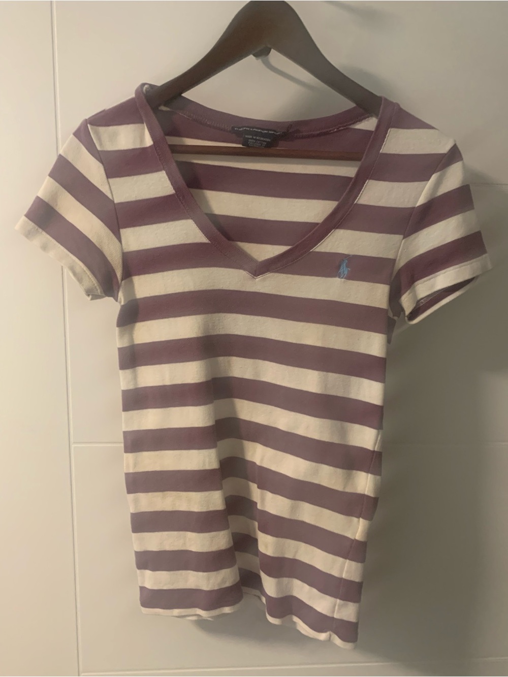 Ralph Lauren Women’s Striped V-Neck Tee in Lavender and Cream A16